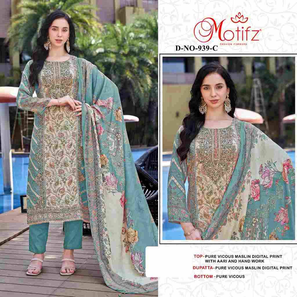 Motifz Hit Design 939 Colours By Motifz 939-A To 939-D Series Beautiful Pakistani Suits Colorful Stylish Fancy Casual Wear & Ethnic Wear Pure Viscose Muslin Embroidered Dresses At Wholesale Price