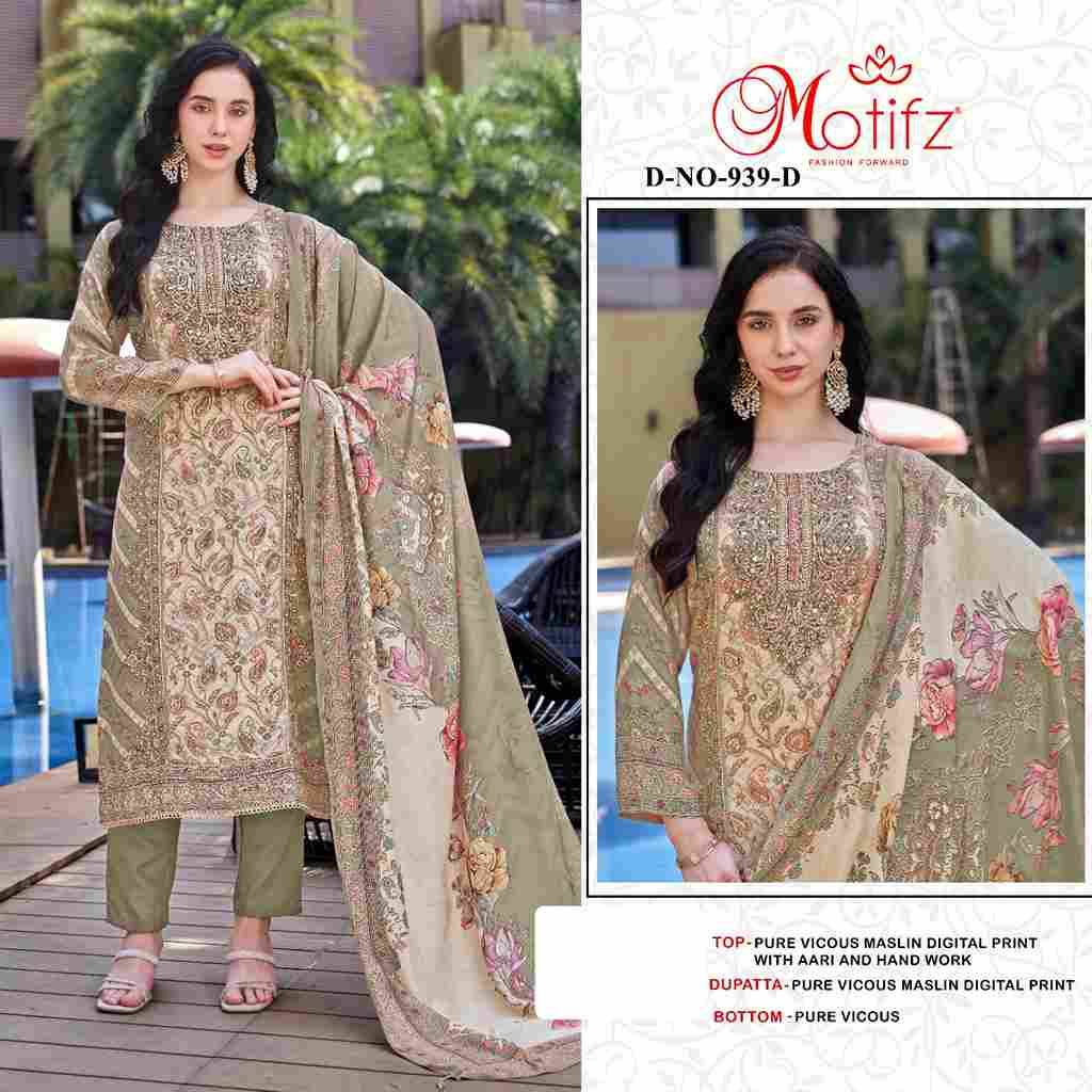 Motifz Hit Design 939 Colours By Motifz 939-A To 939-D Series Beautiful Pakistani Suits Colorful Stylish Fancy Casual Wear & Ethnic Wear Pure Viscose Muslin Embroidered Dresses At Wholesale Price