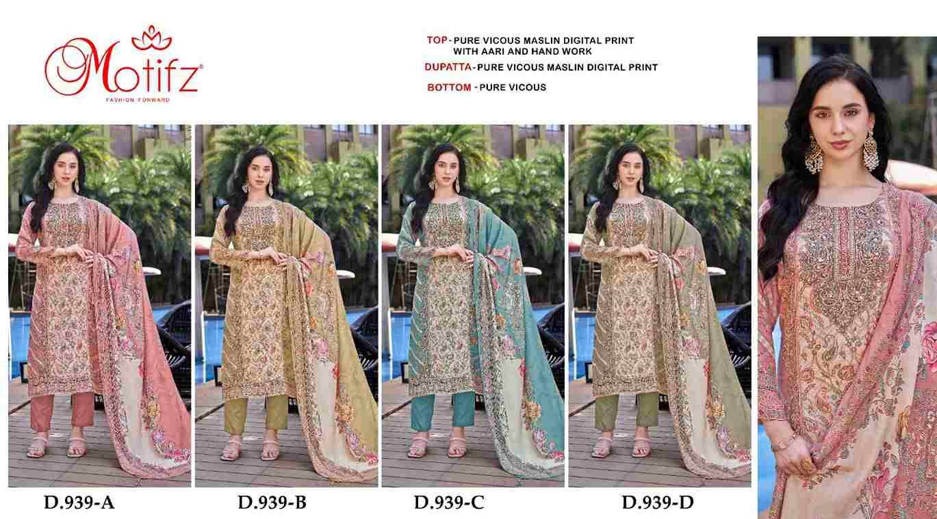 Motifz Hit Design 939 Colours By Motifz 939-A To 939-D Series Beautiful Pakistani Suits Colorful Stylish Fancy Casual Wear & Ethnic Wear Pure Viscose Muslin Embroidered Dresses At Wholesale Price
