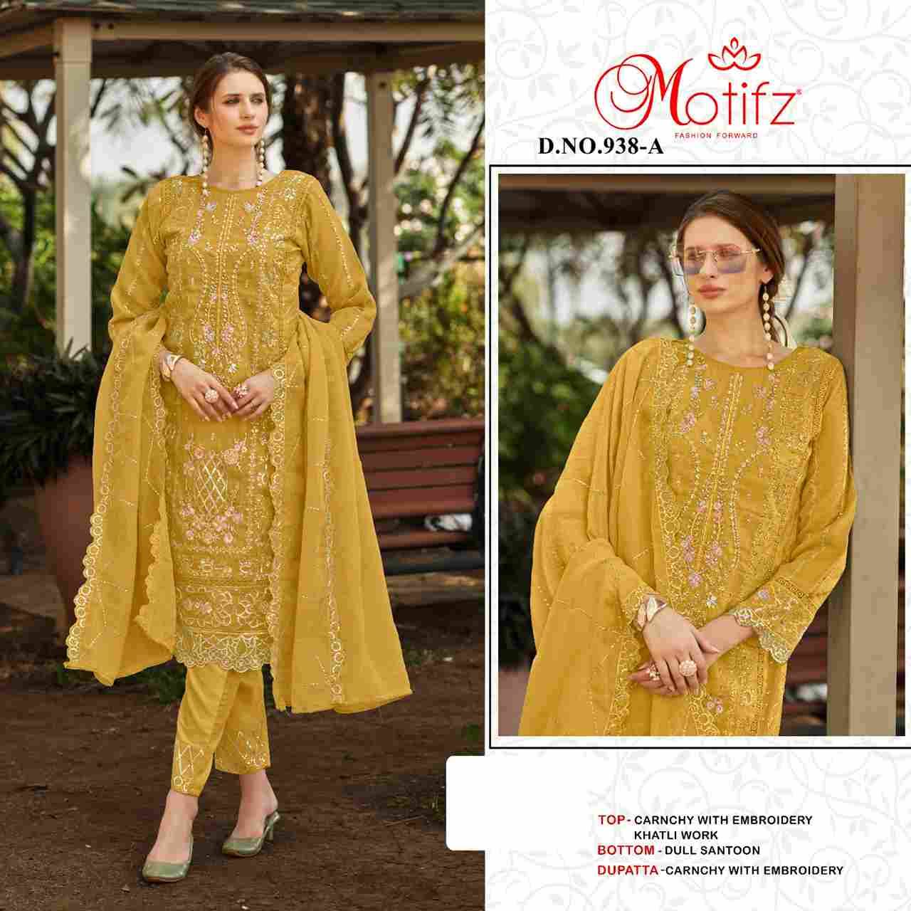 Motifz Hit Design 938 Colours By Motifz 938-A To 938-D Series Beautiful Pakistani Suits Colorful Stylish Fancy Casual Wear & Ethnic Wear Crunchy Embroidered Dresses At Wholesale Price