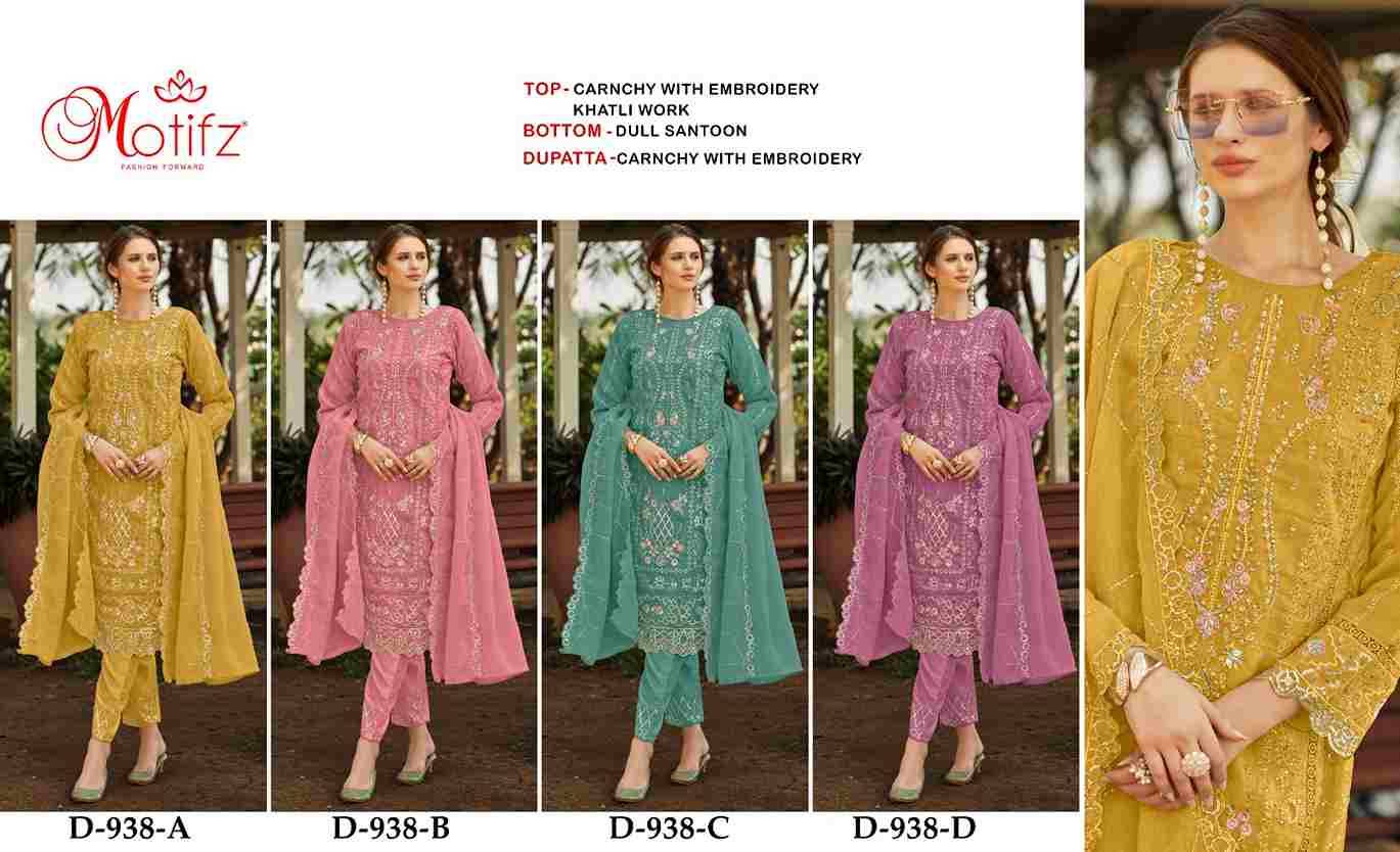 Motifz Hit Design 938 Colours By Motifz 938-A To 938-D Series Beautiful Pakistani Suits Colorful Stylish Fancy Casual Wear & Ethnic Wear Crunchy Embroidered Dresses At Wholesale Price
