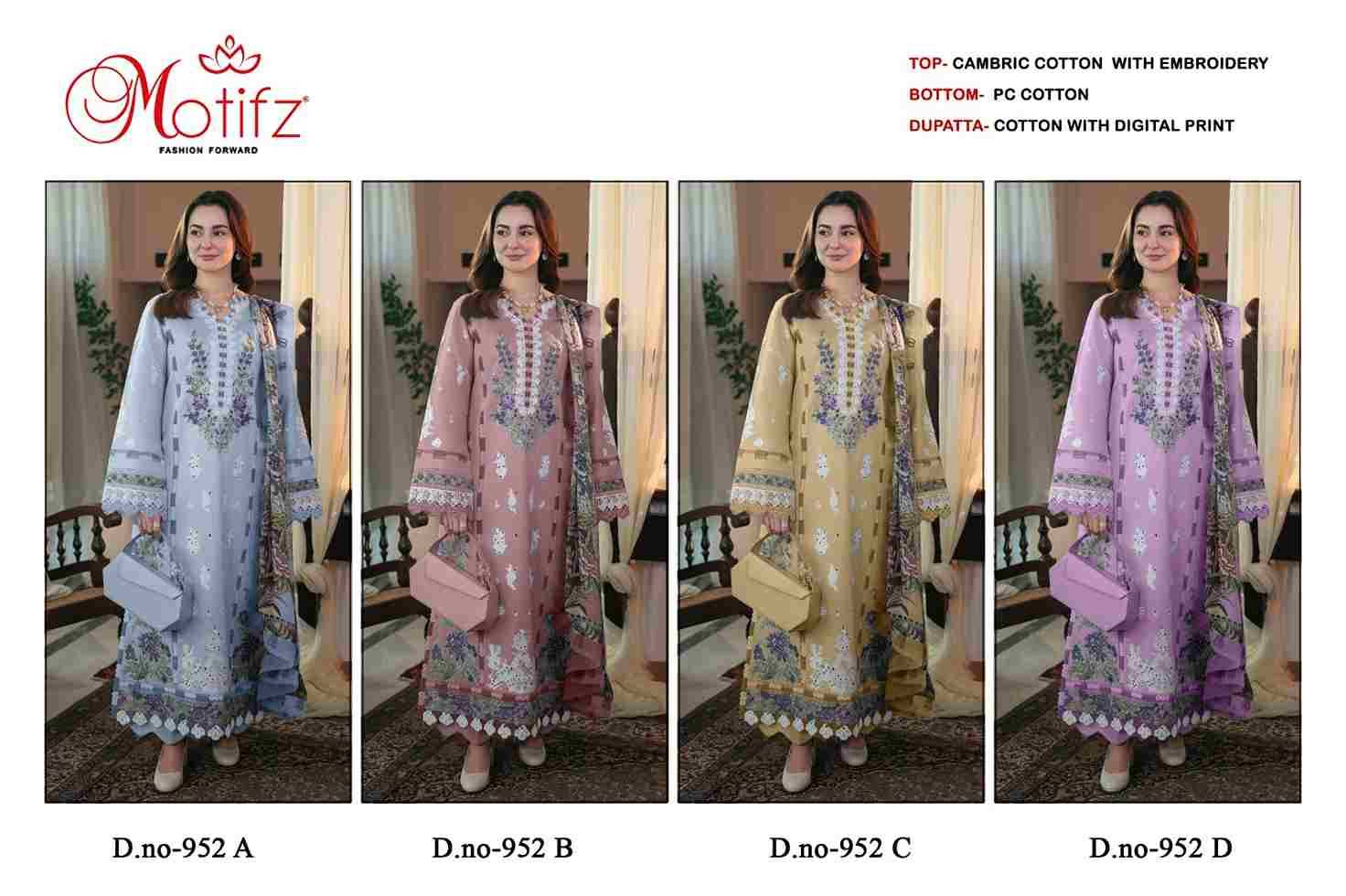 Motifz Hit Design 952 Colours By Motifz 952-A To 952-D Series Beautiful Pakistani Suits Colorful Stylish Fancy Casual Wear & Ethnic Wear Cambric Cotton Embroidered Dresses At Wholesale Price