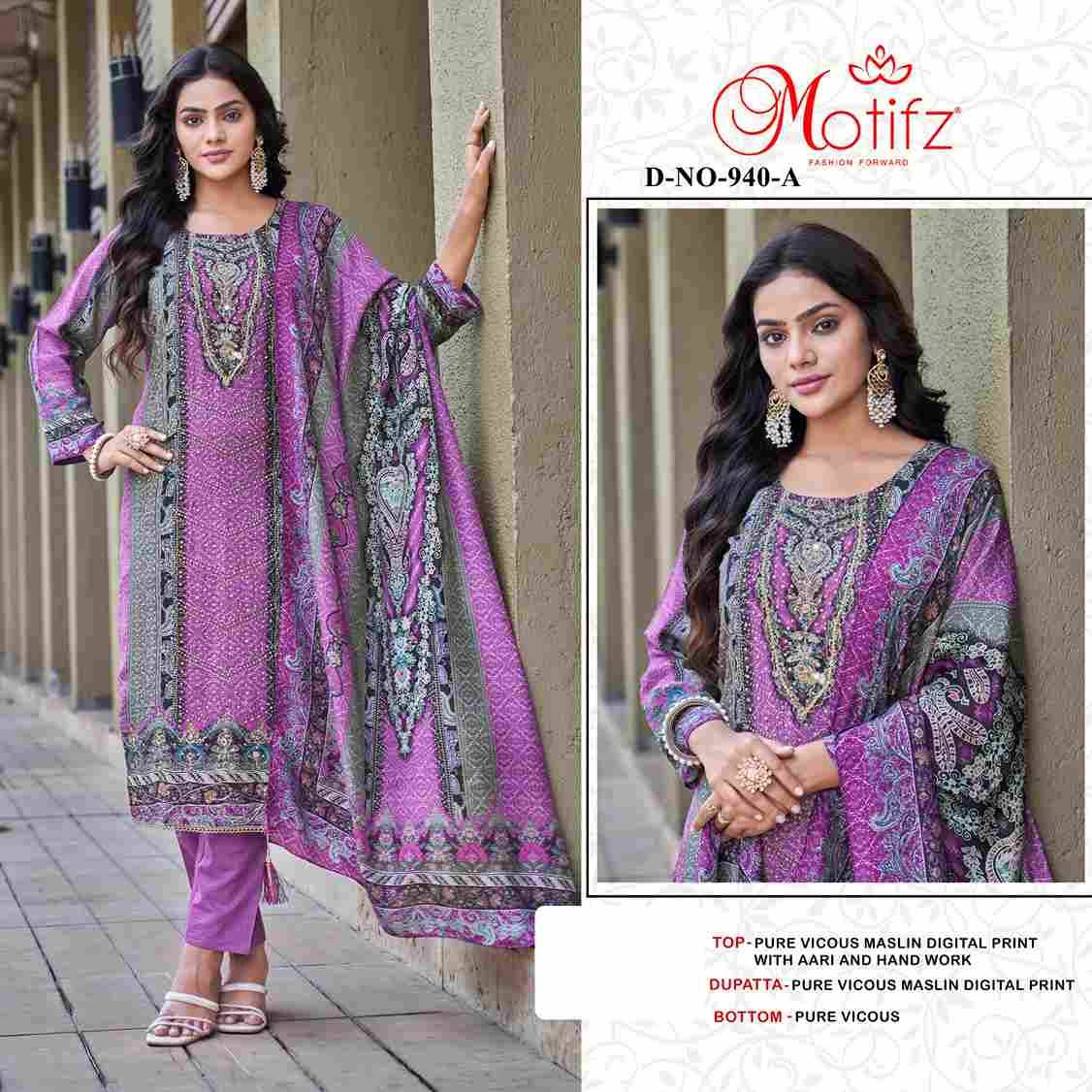 Motifz Hit Design 940 Colours By Motifz 940-A To 940-D Series Beautiful Pakistani Suits Colorful Stylish Fancy Casual Wear & Ethnic Wear Viscose Muslin Dresses At Wholesale Price