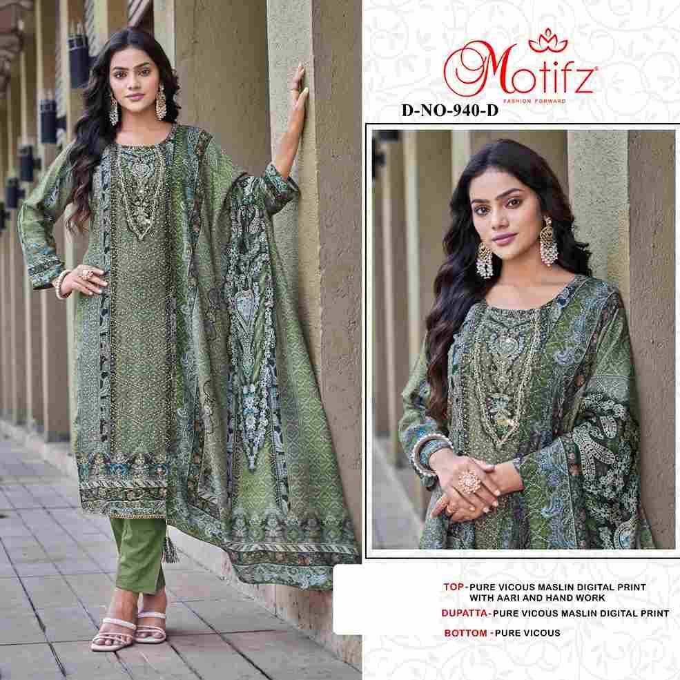 Motifz Hit Design 940 Colours By Motifz 940-A To 940-D Series Beautiful Pakistani Suits Colorful Stylish Fancy Casual Wear & Ethnic Wear Viscose Muslin Dresses At Wholesale Price