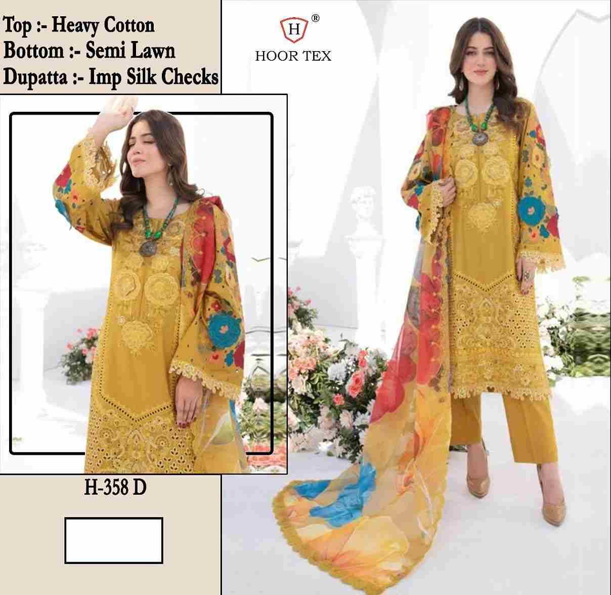 Hoor Tex Hit Design H-358 Colours By Hoor Tex H-358-A To H-358-D Series Designer Festive Pakistani Suits Collection Beautiful Stylish Fancy Colorful Party Wear & Occasional Wear Heavy Cotton With Embroidered Dresses At Wholesale Price