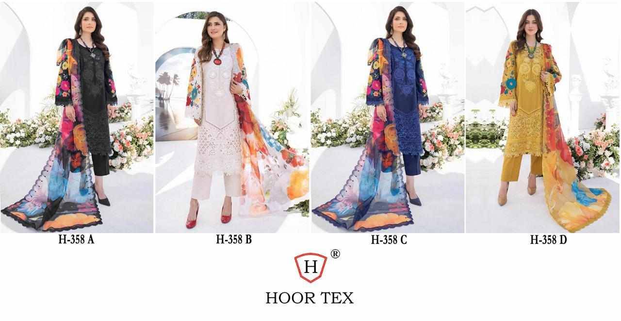 Hoor Tex Hit Design H-358 Colours By Hoor Tex H-358-A To H-358-D Series Designer Festive Pakistani Suits Collection Beautiful Stylish Fancy Colorful Party Wear & Occasional Wear Heavy Cotton With Embroidered Dresses At Wholesale Price