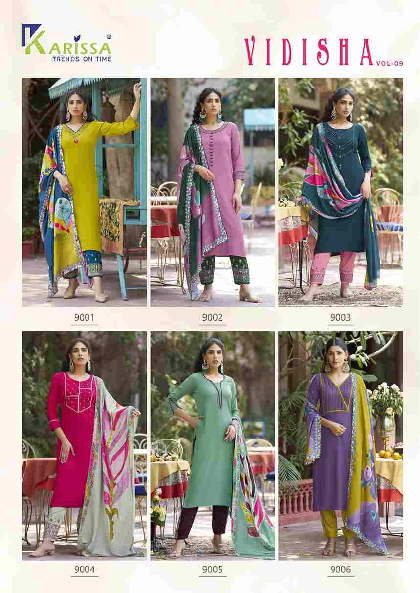 Vidisha Vol-9 By Karissa 9001 To 9006 Series Designer Festive Suits Beautiful Stylish Fancy Colorful Party Wear & Occasional Wear Rayon Dresses At Wholesale Price