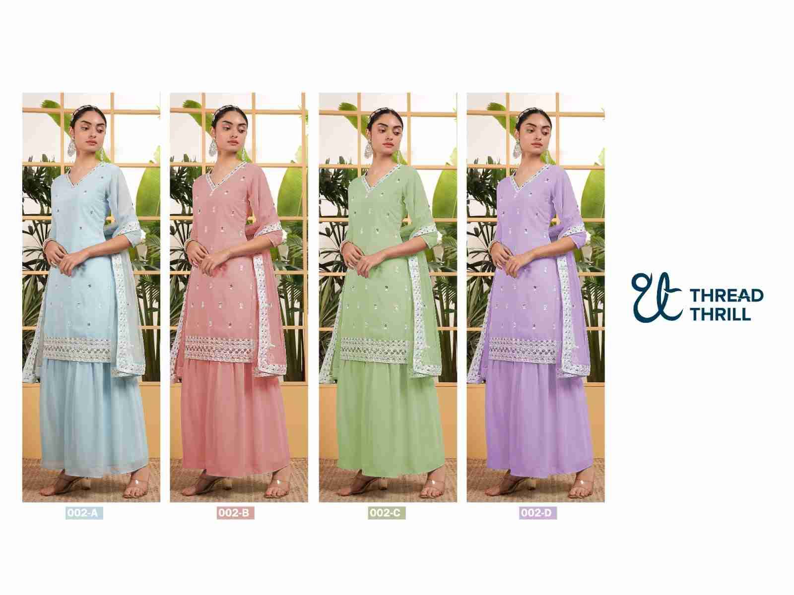 Thread Thrill 002 Colours By Thread Thrill 002-A To 002-D Series Beautiful Sharara Suits Colorful Stylish Fancy Casual Wear & Ethnic Wear Heavy Georgette Dresses At Wholesale Price