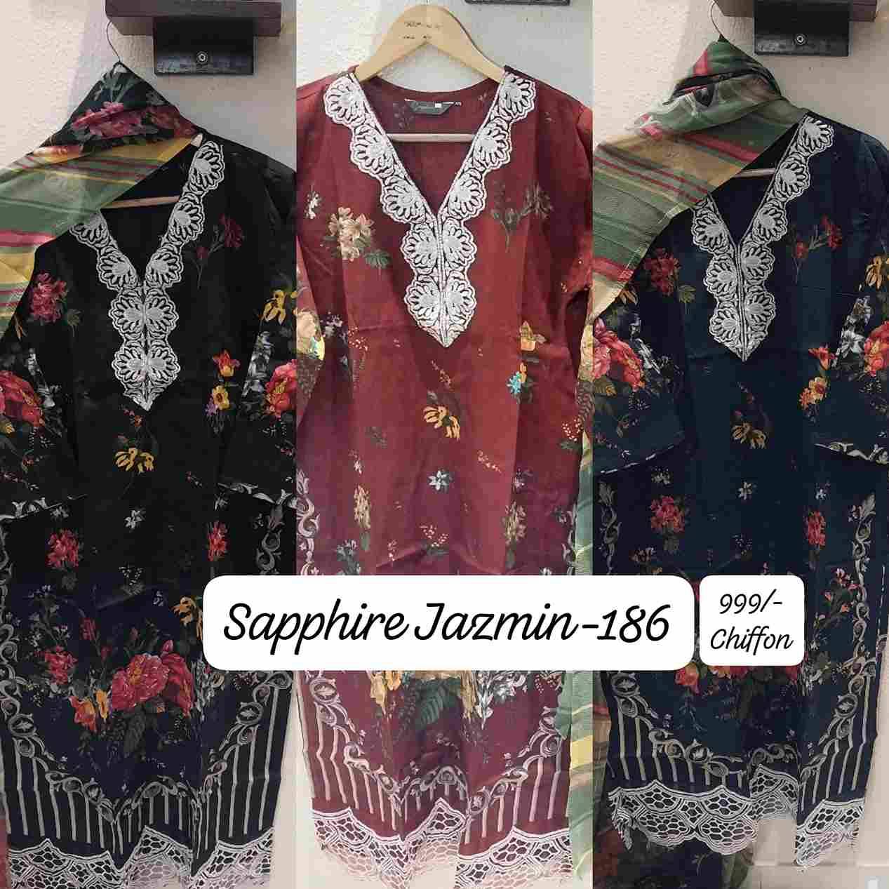 Jazmin Vol-186 By Sapphire 186-A To 186-C Series Beautiful Pakistani Suits Stylish Fancy Colorful Party Wear & Occasional Wear Pure Lawn Cotton Embroidered Dresses At Wholesale Price