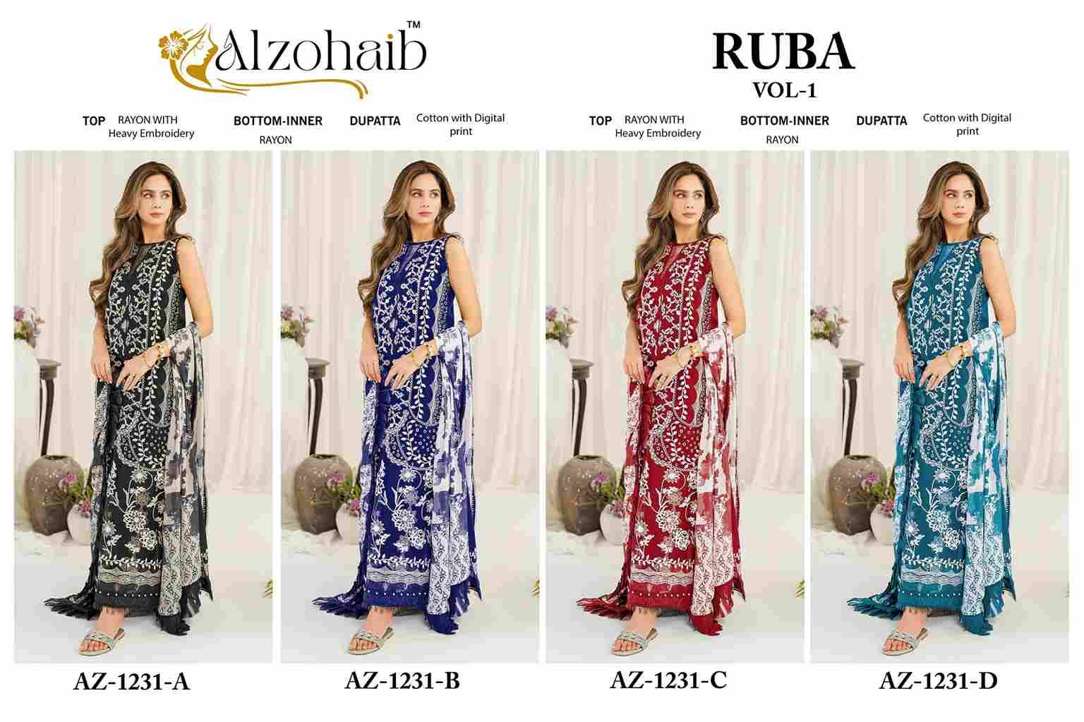 Ruba Vol-1 By Alzohaib 1231-A To 1231-D Series Beautiful Pakistani Suits Stylish Fancy Colorful Party Wear & Occasional Wear Pure Rayon Print Dresses At Wholesale Price