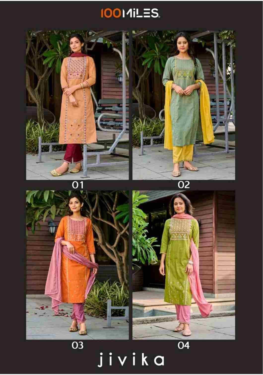 Jivika By 100 Miles 01 To 04 Series Designer Festive Suits Beautiful Fancy Colorful Stylish Party Wear & Occasional Wear Pure Cotton Dresses At Wholesale Price