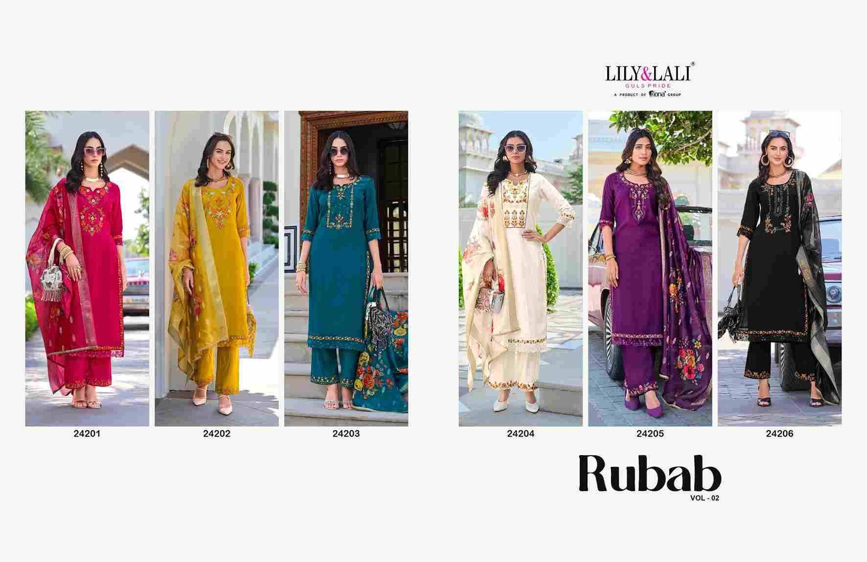Rubab Vol-2 By Lily And Lali 24201 To 24206 Series Beautiful Festive Suits Colorful Stylish Fancy Casual Wear & Ethnic Wear Jacquard Viscose Silk Embroidered Dresses At Wholesale Price