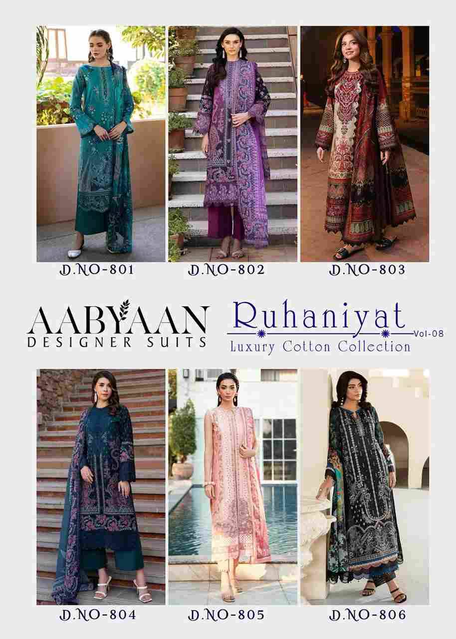 Ruhaniyat Vol-8 By Aabyaan 801 To 806 Series Beautiful Suits Colorful Stylish Fancy Casual Wear & Ethnic Wear Pure Cotton Embroidered Dresses At Wholesale Price