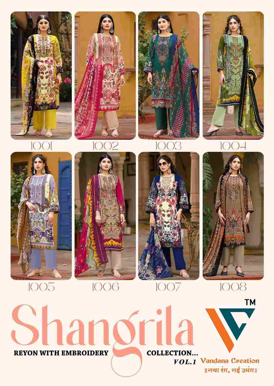 Shangrila Vol-1 By Vandana Creation 1001 To 1008 Series Beautiful Festive Suits Stylish Fancy Colorful Casual Wear & Ethnic Wear Rayon Print Dresses At Wholesale Price