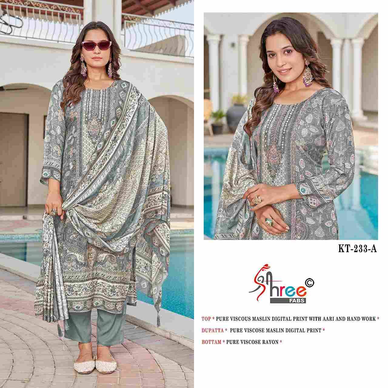 Shree Fabs Hit Design KT-233 Colours By Shree Fabs KT-233 To KT-233-C Series Designer Pakistani Suits Beautiful Fancy Stylish Colorful Party Wear & Occasional Wear Pure Viscose Muslin Embroidery Dresses At Wholesale Price