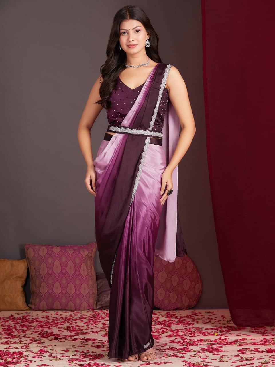 101140 By Amoha Trendz 101140-A To 101140-F Series Indian Traditional Wear Collection Beautiful Stylish Fancy Colorful Party Wear & Occasional Wear Chinnon Sarees At Wholesale Price