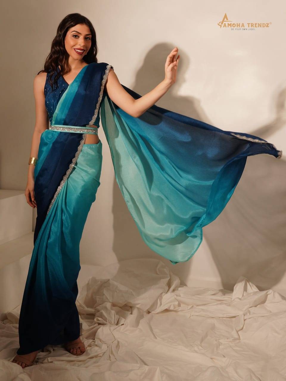 101140 By Amoha Trendz 101140-A To 101140-F Series Indian Traditional Wear Collection Beautiful Stylish Fancy Colorful Party Wear & Occasional Wear Chinnon Sarees At Wholesale Price