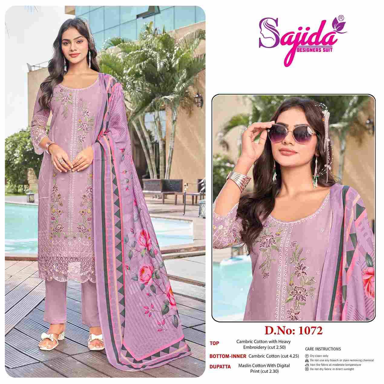 Sajida Hit Design 1072 By Sajida Designer Suits Beautiful Pakistani Suits Colorful Stylish Fancy Casual Wear & Ethnic Wear Cambric Cotton Embroidered Dresses At Wholesale Price