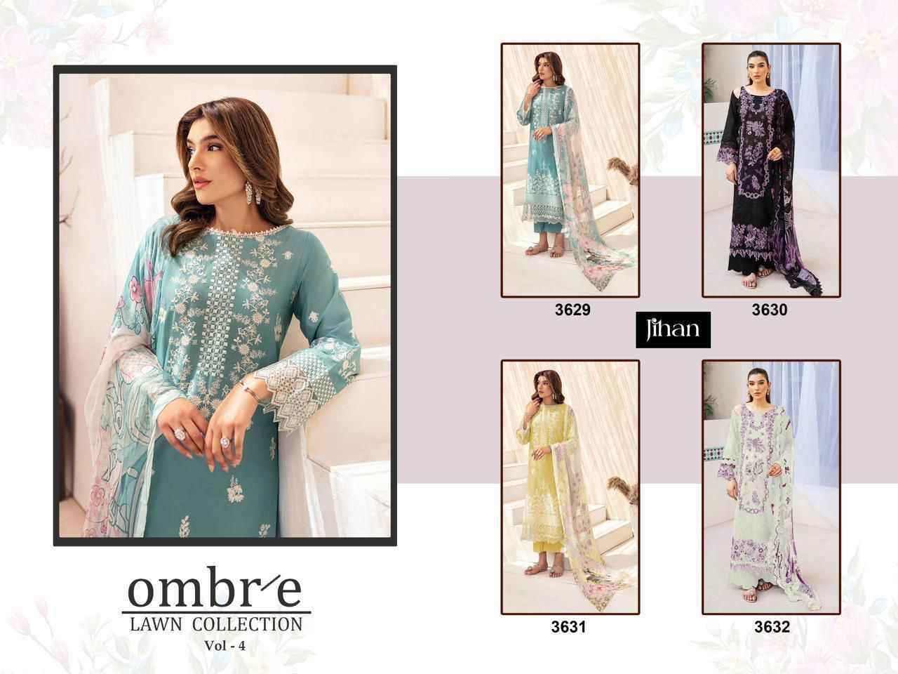 Ombre Lawn Collection Vol-4 By Jihan 3629 To 3632 Series Designer Pakistani Suits Beautiful Fancy Stylish Colorful Party Wear & Occasional Wear Cotton Dresses At Wholesale Price