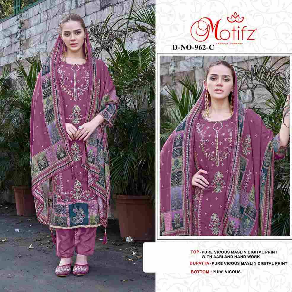 Motifz Hit Design 962 Colours By Motifz 962-A To 962-D Series Beautiful Pakistani Suits Colorful Stylish Fancy Casual Wear & Ethnic Wear Viscose Muslin Dresses At Wholesale Price