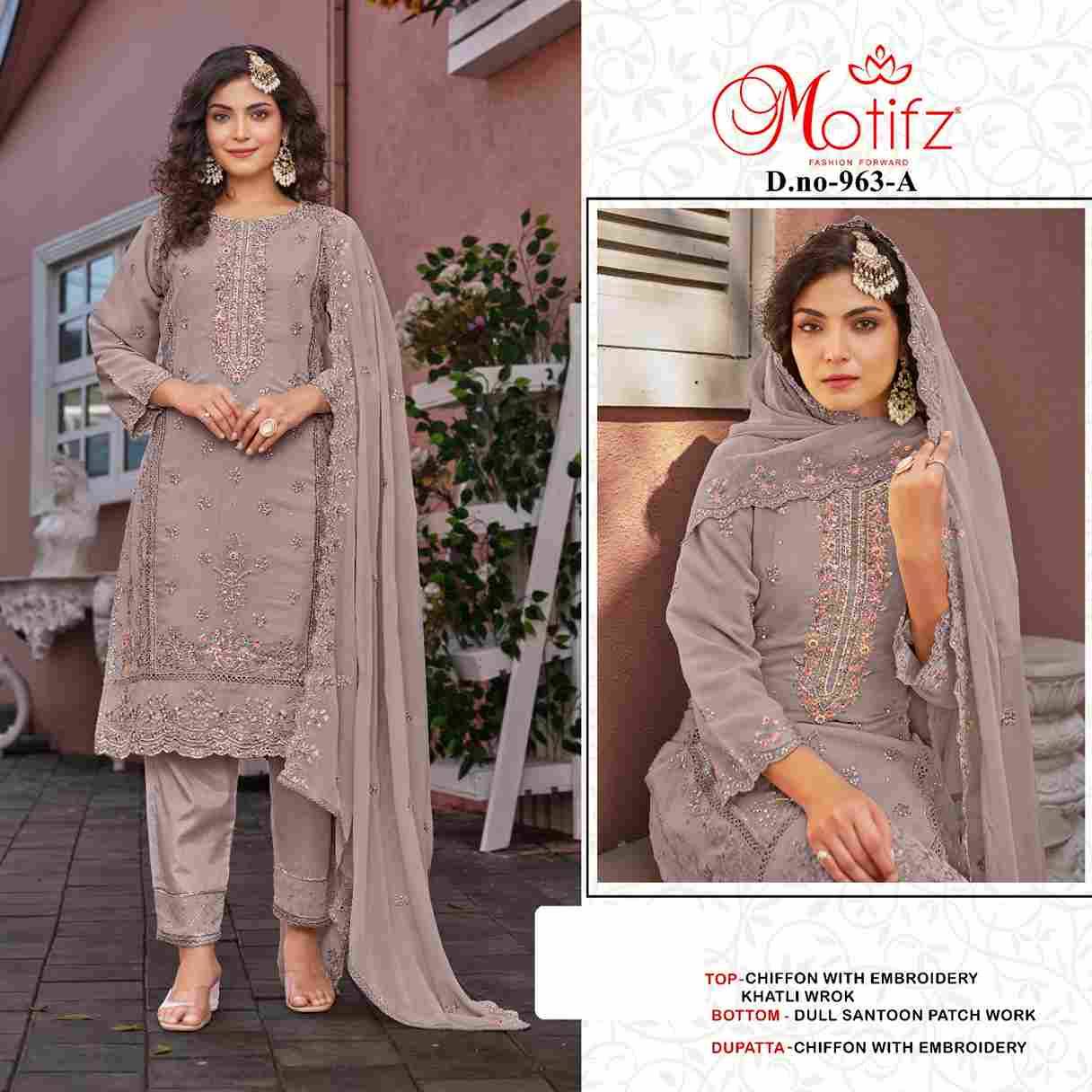 Motifz Hit Design 963 Colours By Motifz 963-A To 963-D Series Beautiful Pakistani Suits Colorful Stylish Fancy Casual Wear & Ethnic Wear Chiffon Dresses At Wholesale Price