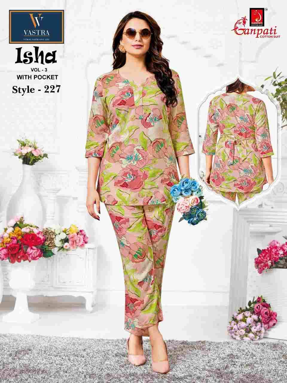 Isha Vol-3 By Ganpati Cotton Suit 220 To 231 Series Designer Stylish Fancy Colorful Beautiful Party Wear & Ethnic Wear Collection Rayon Co-Ord At Wholesale Price