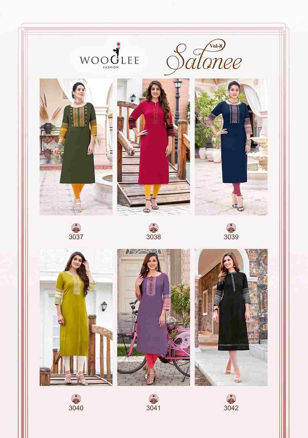 Salonee Vol-8 By Wooglee 3037 To 3042 Series Designer Stylish Fancy Colorful Beautiful Party Wear & Ethnic Wear Collection Rayon With Work Kurtis At Wholesale Price