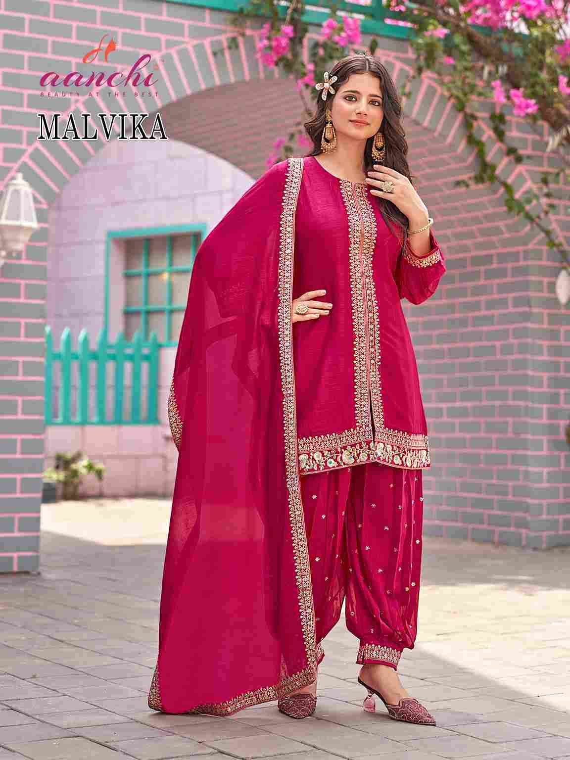 Malvika By Aanchi 101 To 104 Series Beautiful Festive Suits Colorful Stylish Fancy Casual Wear & Ethnic Wear Vichitra Silk Print Dresses At Wholesale Price