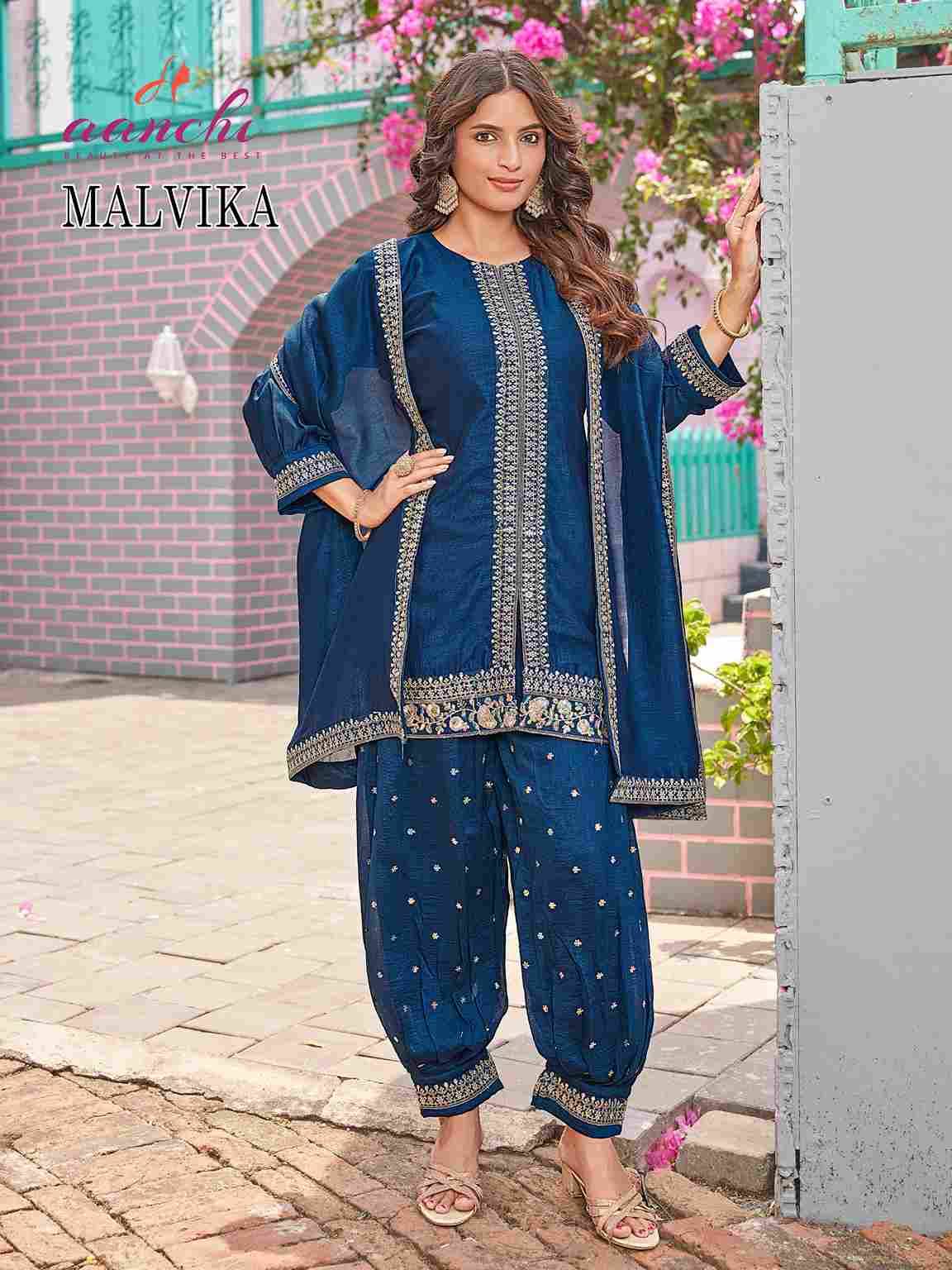 Malvika By Aanchi 101 To 104 Series Beautiful Festive Suits Colorful Stylish Fancy Casual Wear & Ethnic Wear Vichitra Silk Print Dresses At Wholesale Price