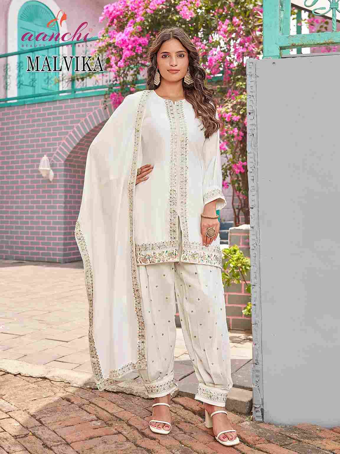 Malvika By Aanchi 101 To 104 Series Beautiful Festive Suits Colorful Stylish Fancy Casual Wear & Ethnic Wear Vichitra Silk Print Dresses At Wholesale Price