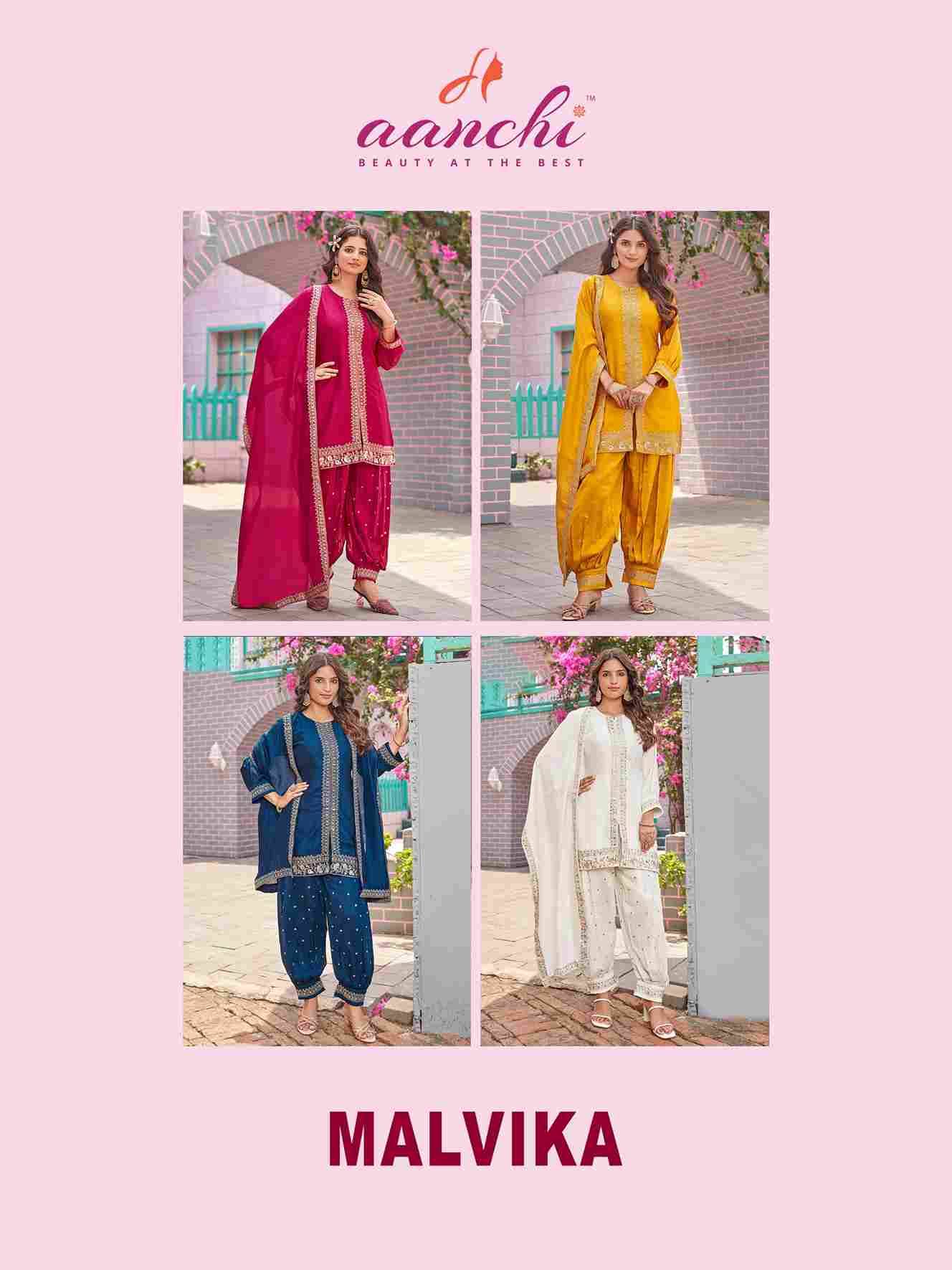 Malvika By Aanchi 101 To 104 Series Beautiful Festive Suits Colorful Stylish Fancy Casual Wear & Ethnic Wear Vichitra Silk Print Dresses At Wholesale Price