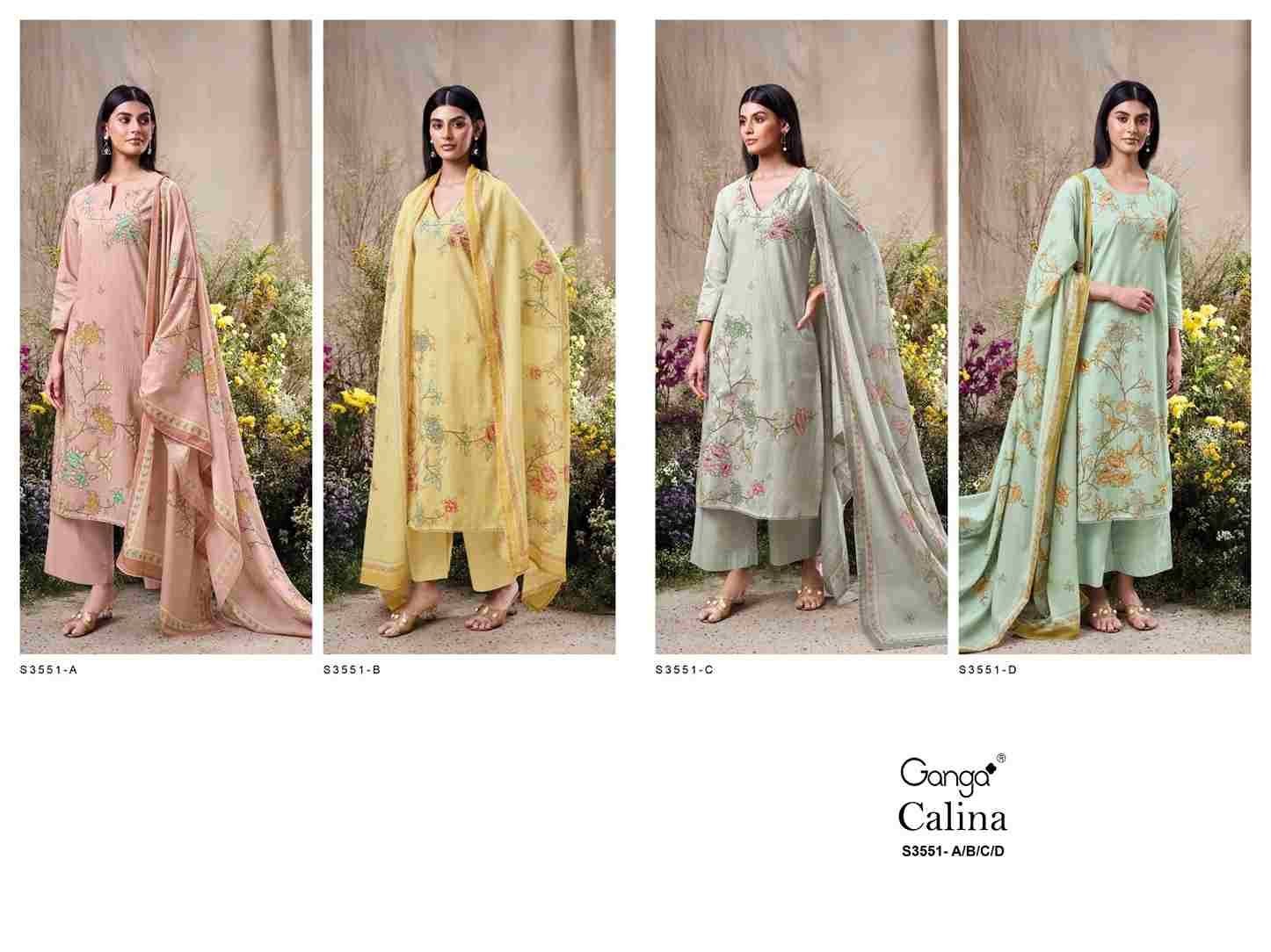 Calina-3551 By Ganga Fashion 3551-A To 3551-D Series Beautiful Festive Suits Colorful Stylish Fancy Casual Wear & Ethnic Wear Mal Cotton Dresses At Wholesale Price