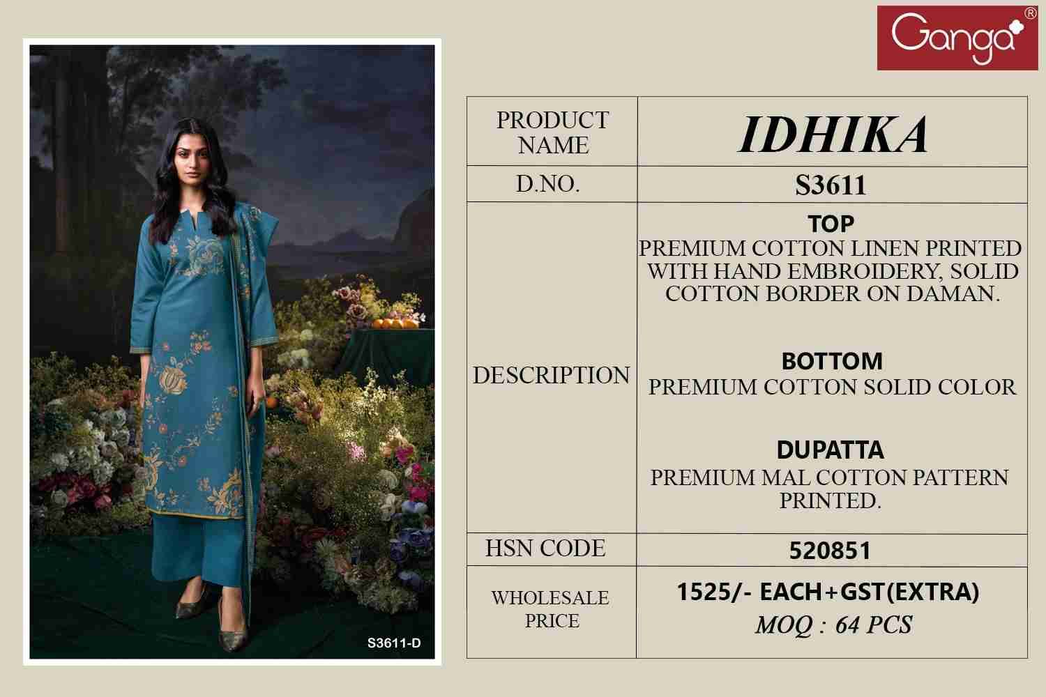 Idhika-3611 By Ganga Fashion 3611-A To 3611-D Series Beautiful Festive Suits Colorful Stylish Fancy Casual Wear & Ethnic Wear Pure Cotton Linen Dresses At Wholesale Price