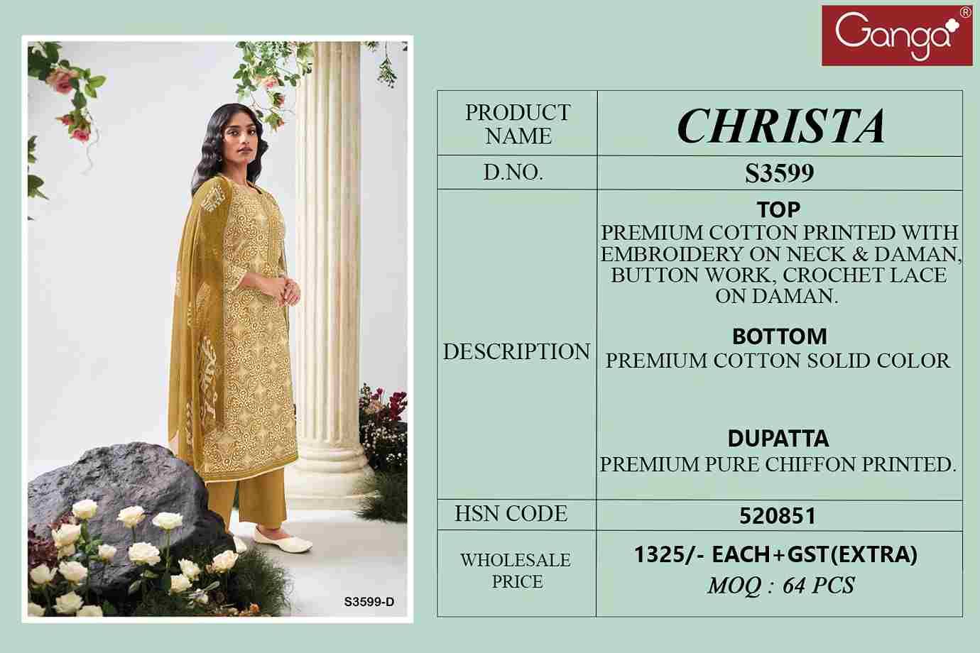 Christa-3599 By Ganga Fashion 3599-A To 3599-D Series Beautiful Festive Suits Colorful Stylish Fancy Casual Wear & Ethnic Wear Pure Cotton Dresses At Wholesale Price