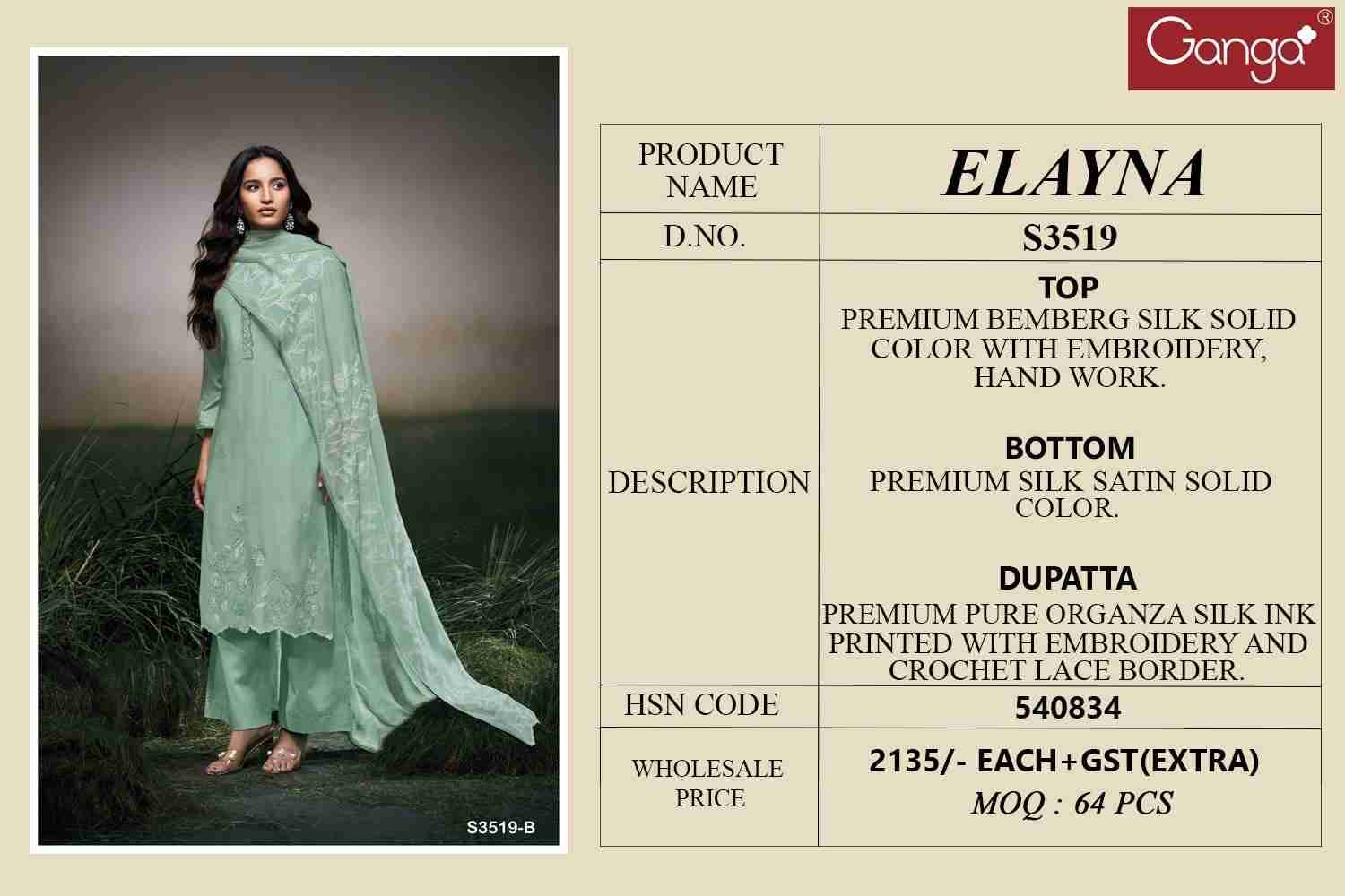 Elayna-3519 By Ganga Fashion 3519-A To 3519-B Series Beautiful Festive Suits Colorful Stylish Fancy Casual Wear & Ethnic Wear Pure Bemberg Silk Dresses At Wholesale Price