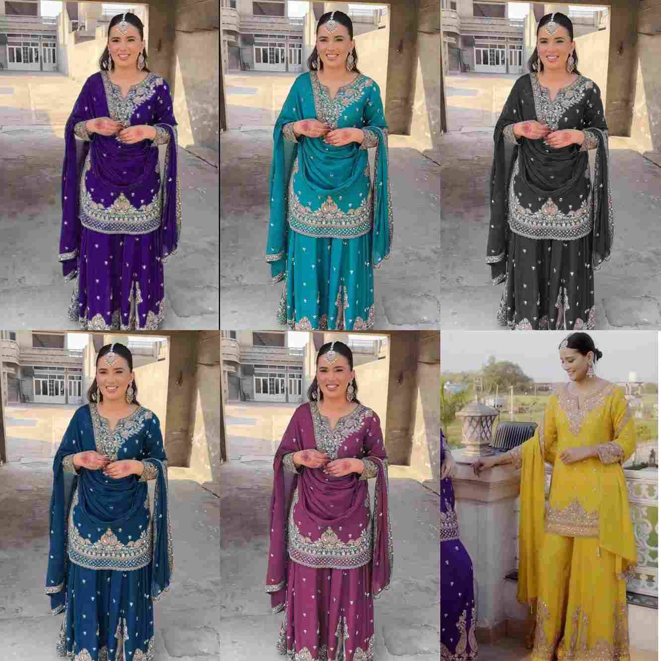 R-5852 By Fashid Wholesale 01 To 06 series Suits Collection Beautiful Stylish Fancy Colorful Party Wear & Occasional Wear Chinnon Silk Dresses At Wholesale Price