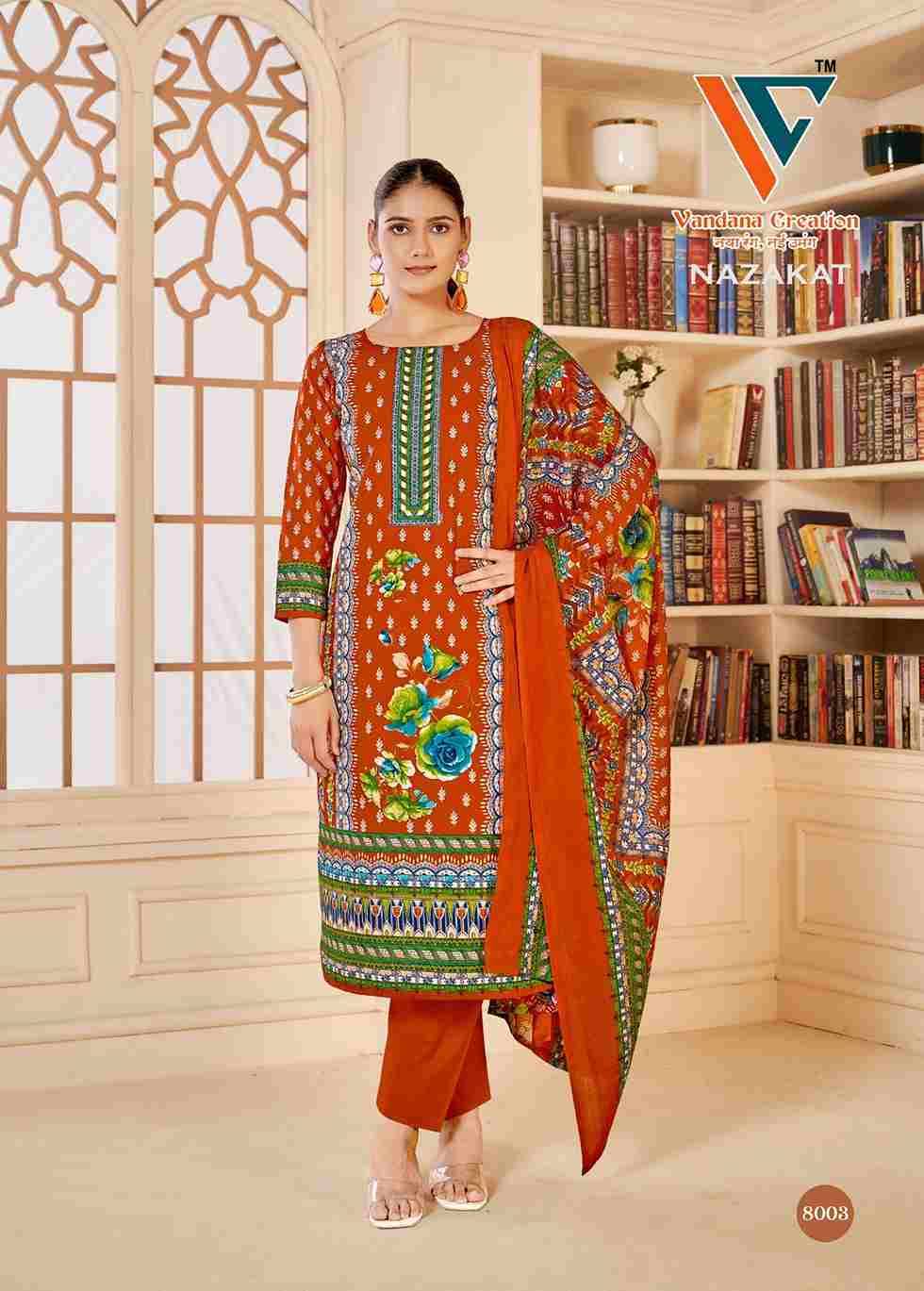 Nazakat Vol-8 By Vandana Creation 8001 To 8008 Series Beautiful Festive Suits Stylish Fancy Colorful Casual Wear & Ethnic Wear Soft Cotton Print Dresses At Wholesale Price