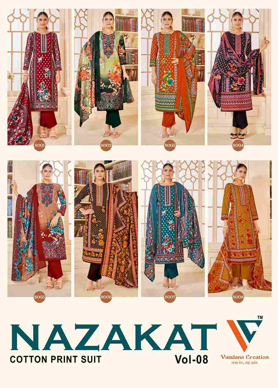 Nazakat Vol-8 By Vandana Creation 8001 To 8008 Series Beautiful Festive Suits Stylish Fancy Colorful Casual Wear & Ethnic Wear Soft Cotton Print Dresses At Wholesale Price