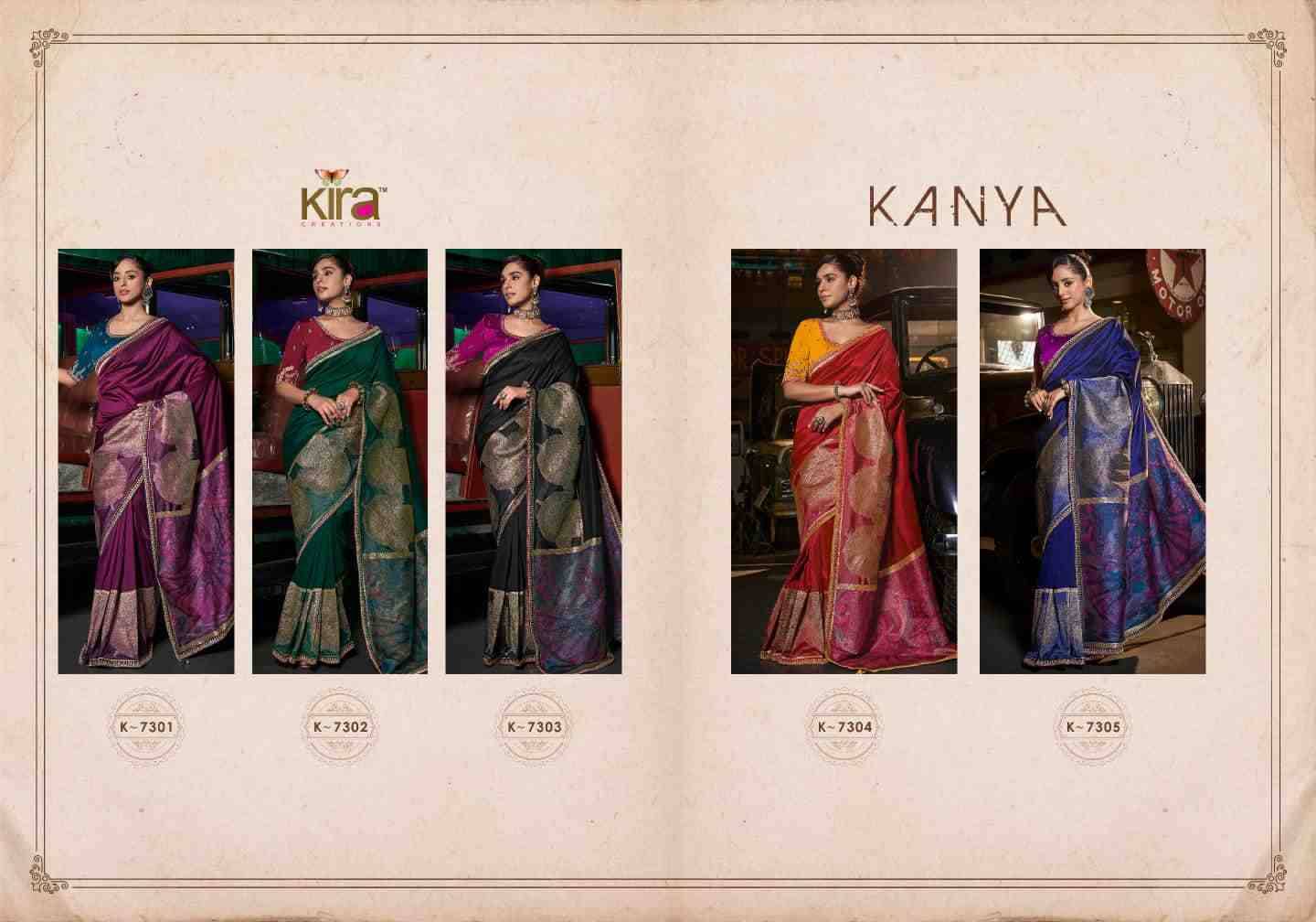 Kanya By Kira 7301 To 7305 Series Indian Traditional Wear Collection Beautiful Stylish Fancy Colorful Party Wear & Occasional Wear Pure Silk Sarees At Wholesale Price