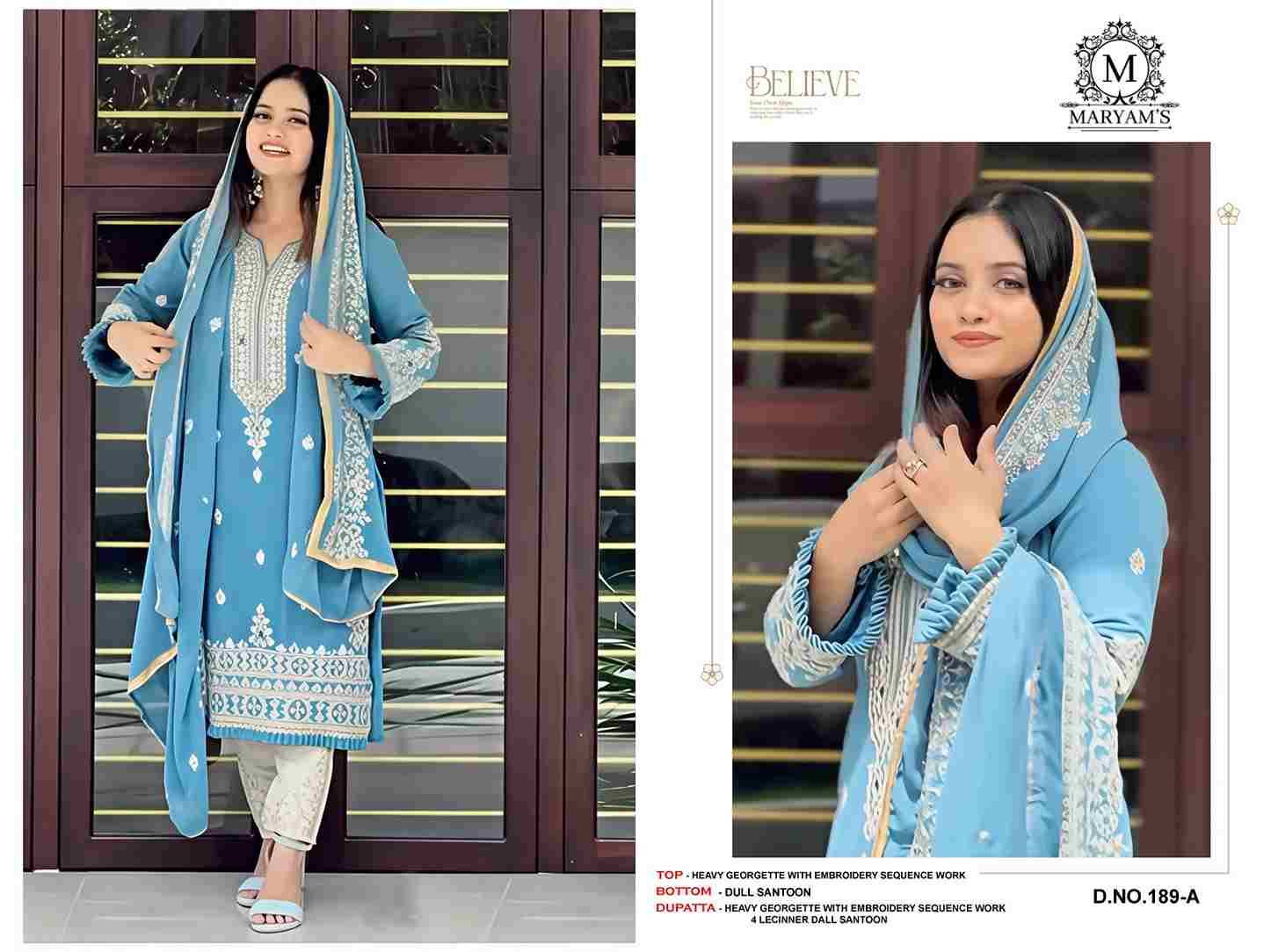 Maryams 189 Colours By Maryams 189-A To 189-D Series Pakistani Suits Beautiful Fancy Colorful Stylish Party Wear & Occasional Wear Georgette Embroidery Dresses At Wholesale Price