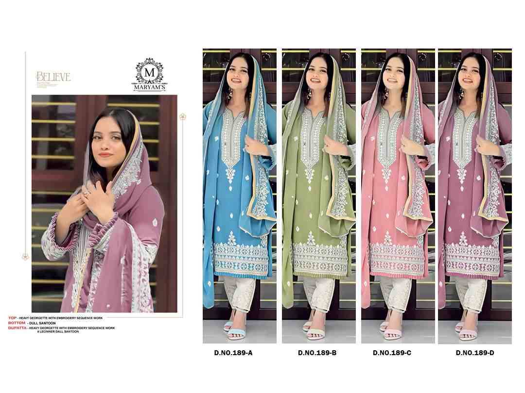 Maryams 189 Colours By Maryams 189-A To 189-D Series Pakistani Suits Beautiful Fancy Colorful Stylish Party Wear & Occasional Wear Georgette Embroidery Dresses At Wholesale Price