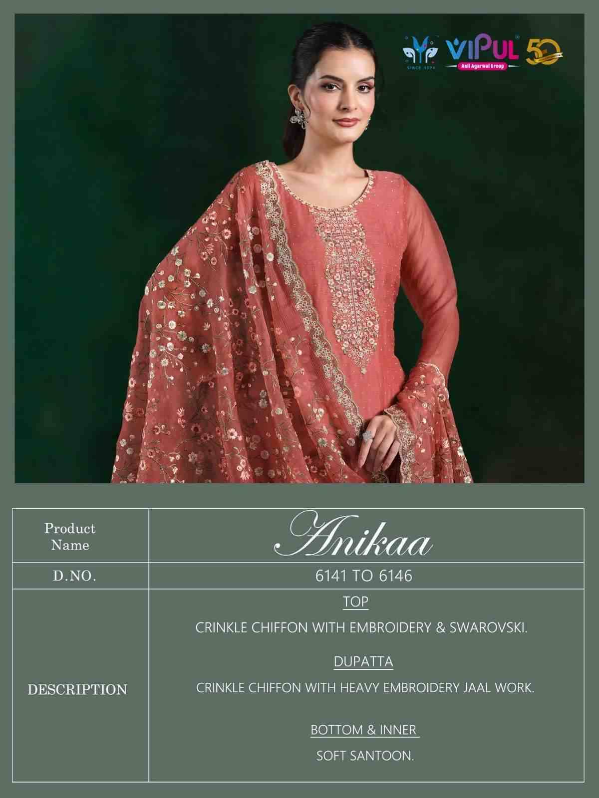 Anikaa By Vipul Fashion 6141 To 6146 Series Designer Festive Suits Beautiful Fancy Stylish Colorful Party Wear & Occasional Wear Crinkle Chiffon With Embroidery Dresses At Wholesale Price