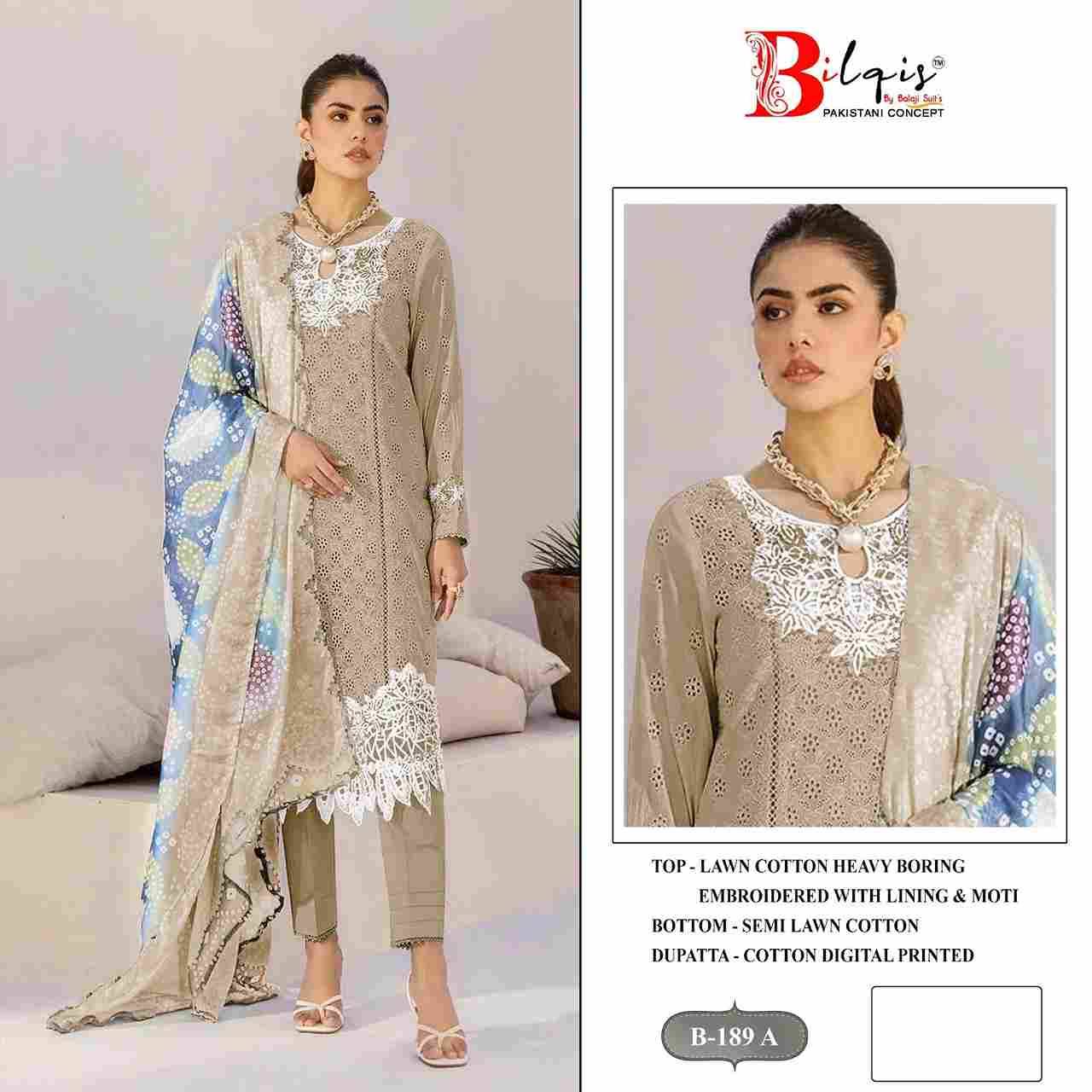 Bilqis 189 Colours By Bilqis 189-A To 189-D Series Beautiful Pakistani Suits Stylish Fancy Colorful Party Wear & Occasional Wear Cotton Lawn Embroidery Dresses At Wholesale Price
