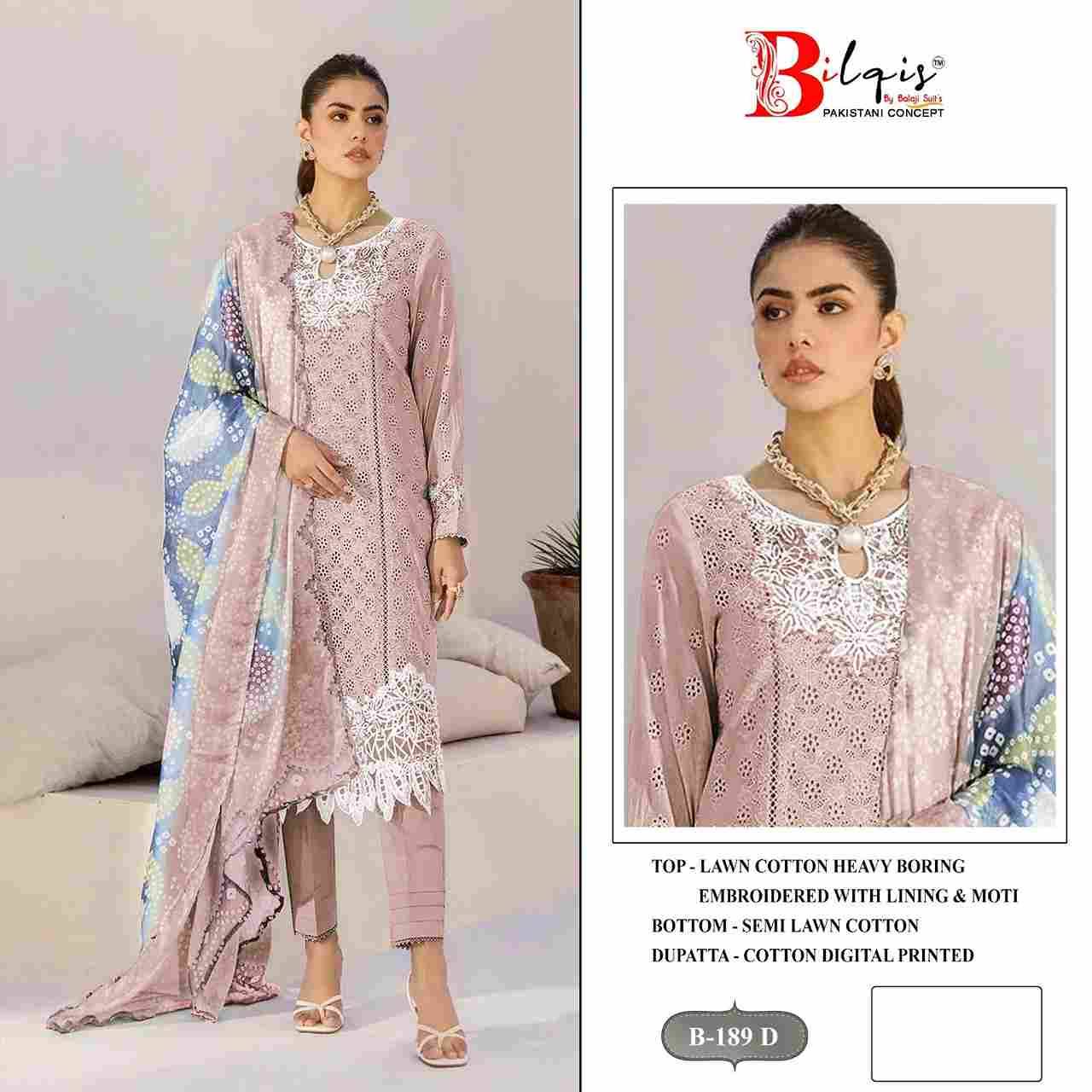 Bilqis 189 Colours By Bilqis 189-A To 189-D Series Beautiful Pakistani Suits Stylish Fancy Colorful Party Wear & Occasional Wear Cotton Lawn Embroidery Dresses At Wholesale Price