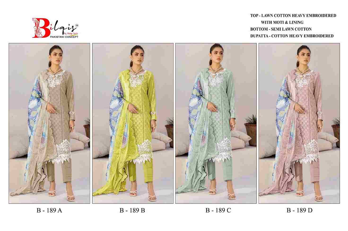 Bilqis 189 Colours By Bilqis 189-A To 189-D Series Beautiful Pakistani Suits Stylish Fancy Colorful Party Wear & Occasional Wear Cotton Lawn Embroidery Dresses At Wholesale Price