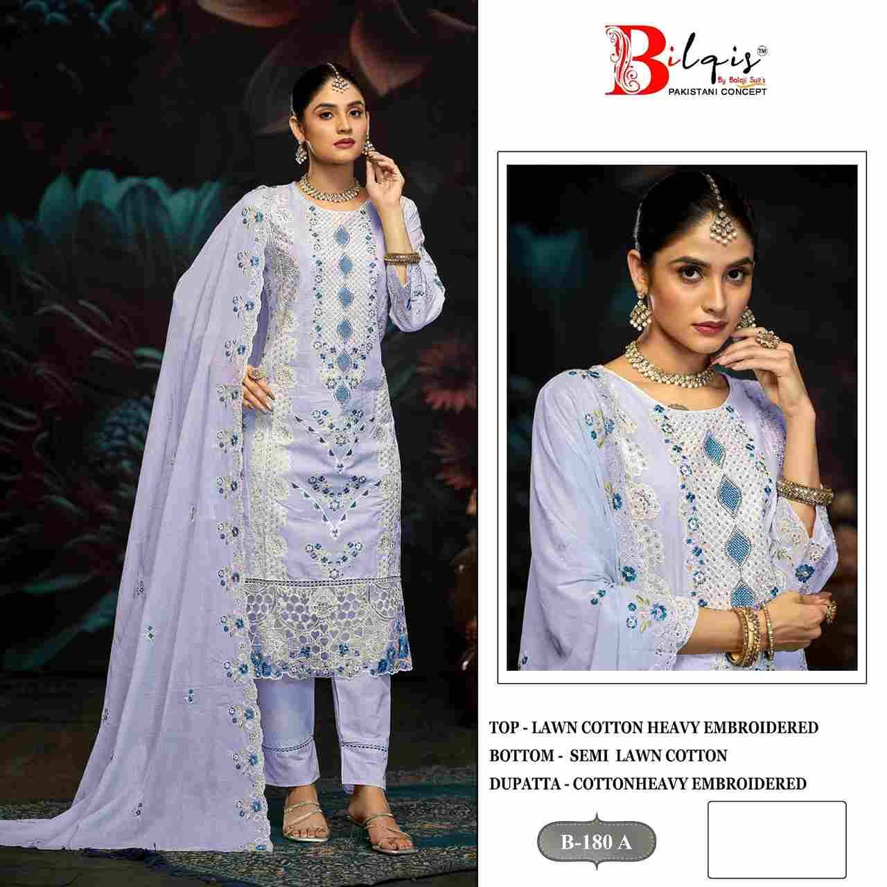 Bilqis 180 Colours By Bilqis 180-A To 180-D Series Beautiful Pakistani Suits Stylish Fancy Colorful Party Wear & Occasional Wear Cotton Lawn Embroidery Dresses At Wholesale Price