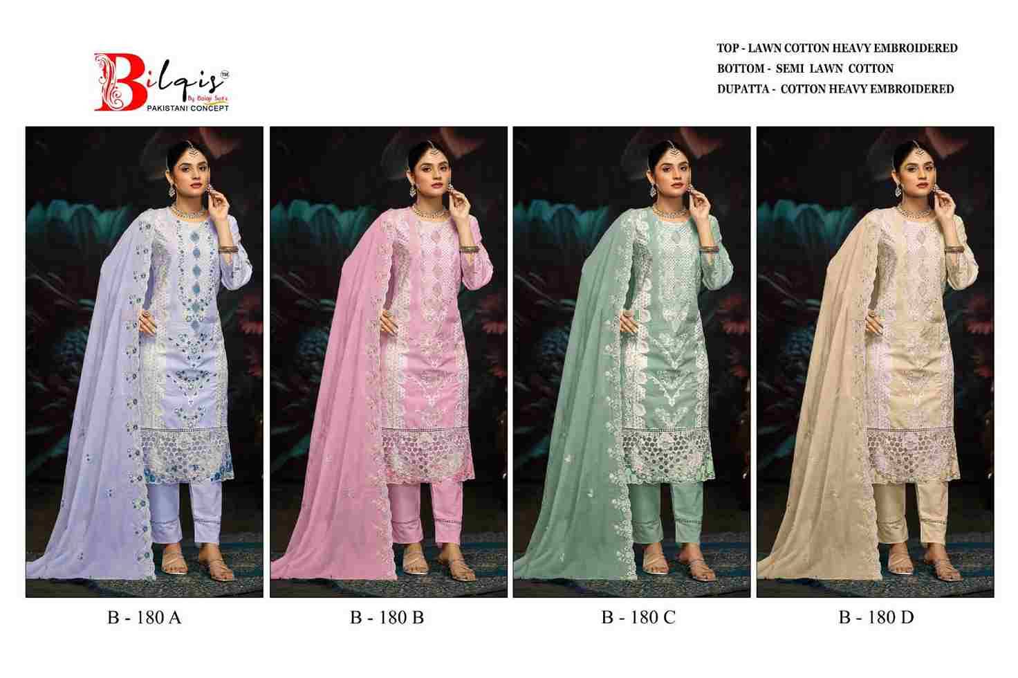 Bilqis 180 Colours By Bilqis 180-A To 180-D Series Beautiful Pakistani Suits Stylish Fancy Colorful Party Wear & Occasional Wear Cotton Lawn Embroidery Dresses At Wholesale Price