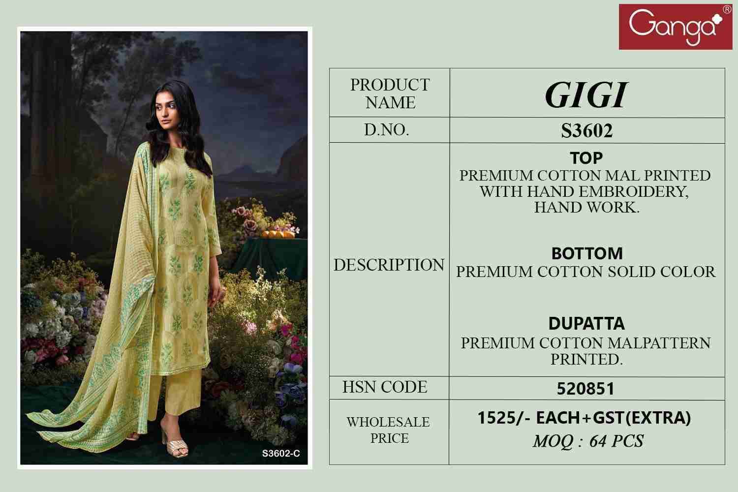 Gigi-3602 By Ganga Fashion 3602-A To 3602-D Series Beautiful Festive Suits Colorful Stylish Fancy Casual Wear & Ethnic Wear Cotton Dresses At Wholesale Price