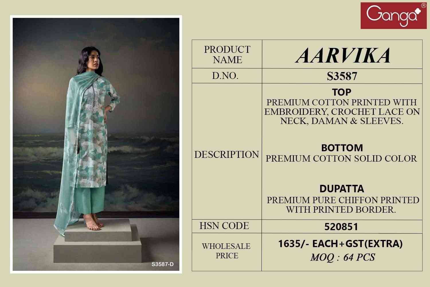 Aarvika-3587 By Ganga Fashion 3587-A To 3587-D Series Beautiful Festive Suits Colorful Stylish Fancy Casual Wear & Ethnic Wear Cotton Dresses At Wholesale Price