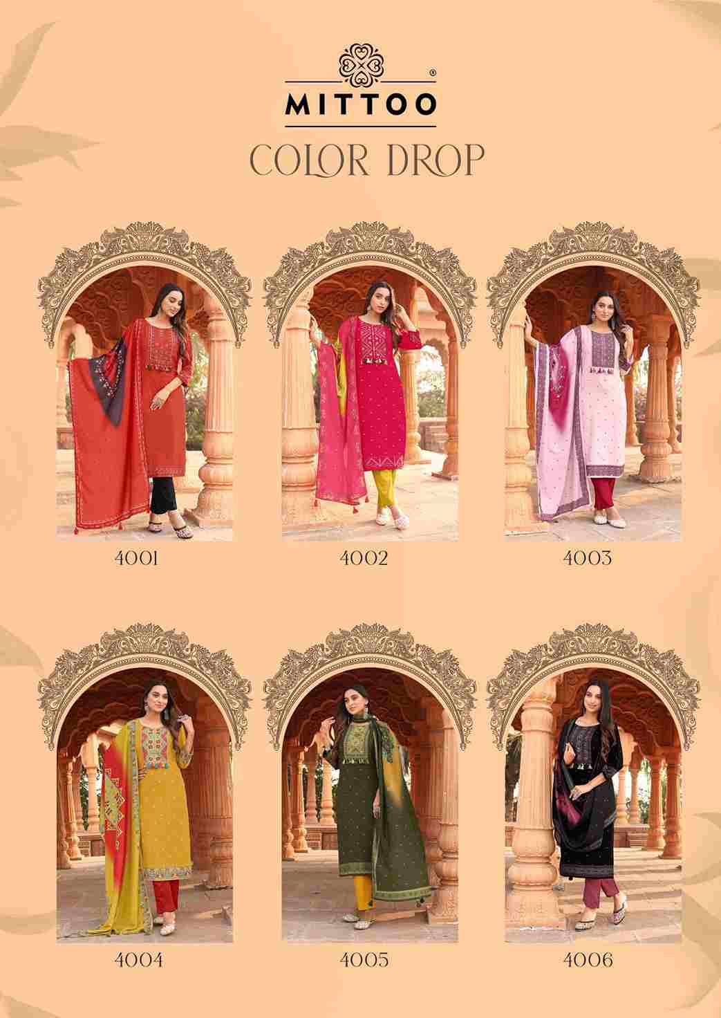 Color Drop By Mittoo 4001 To 4006 Series Beautiful Festive Suits Colorful Stylish Fancy Casual Wear & Ethnic Wear Heavy Rayon Dresses At Wholesale Price